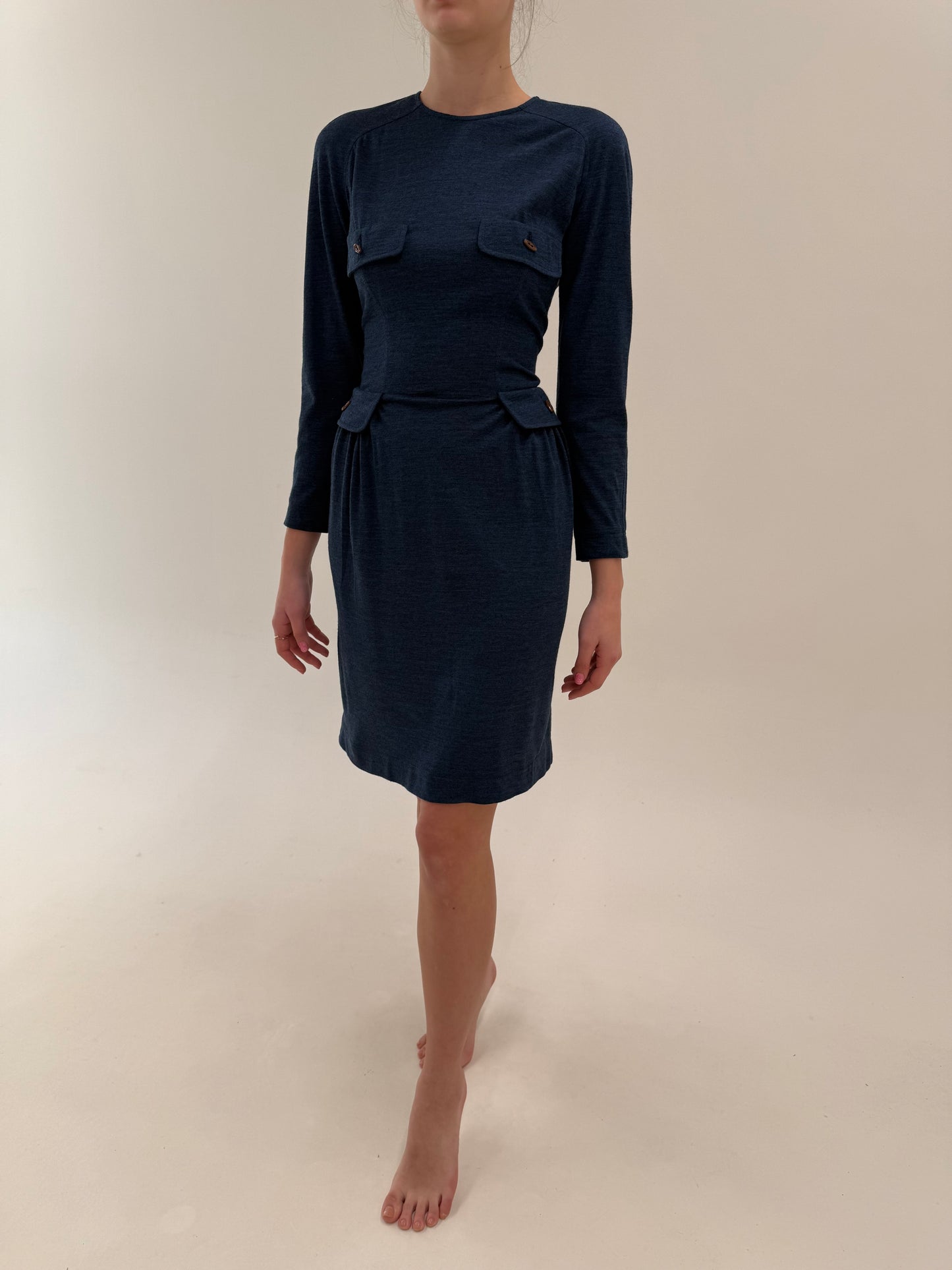 Rochie luxury Alberta Feretti business cu talie ultra marcată și pense jeans blue