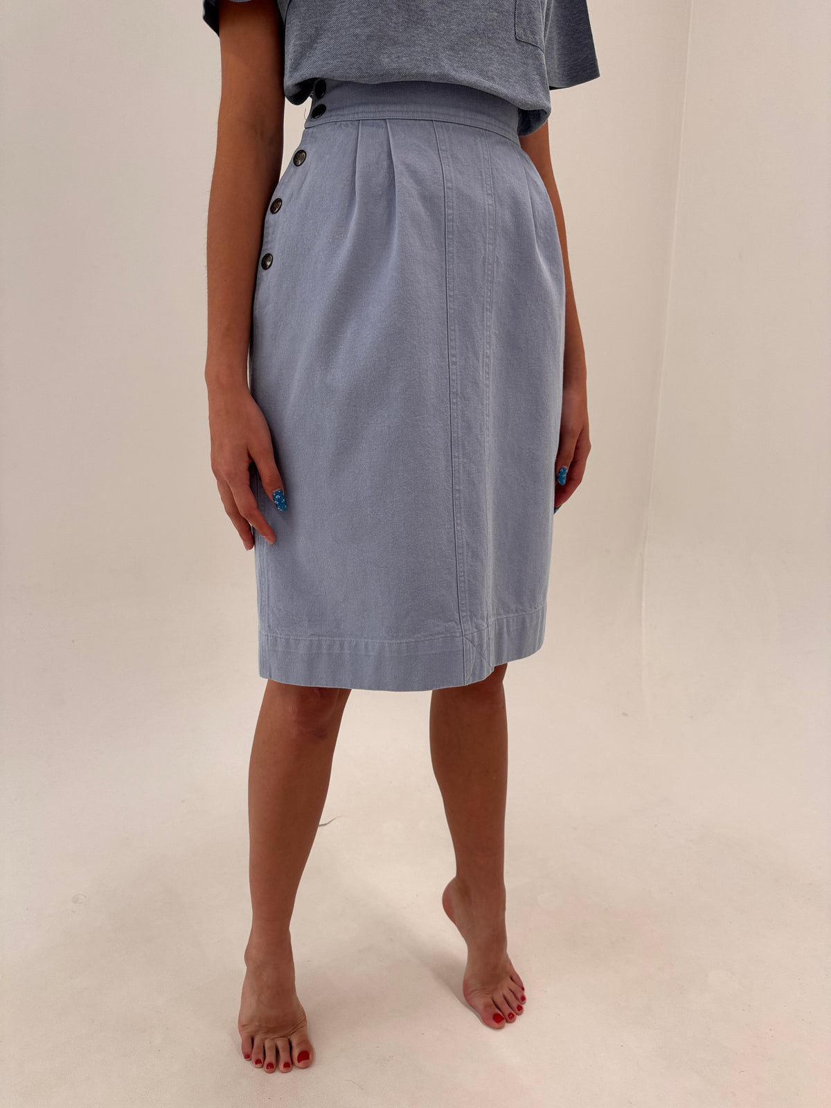 Fustă Fendi vintage din jeans light blue cu talie extrem de marcată midi