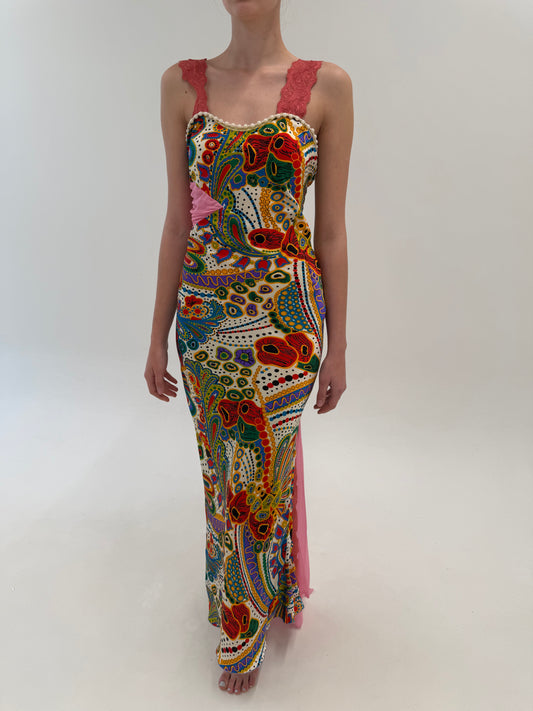 Rochie maxi din mătase naturală în stil Roberto Cavalli cu inserții de dantelă