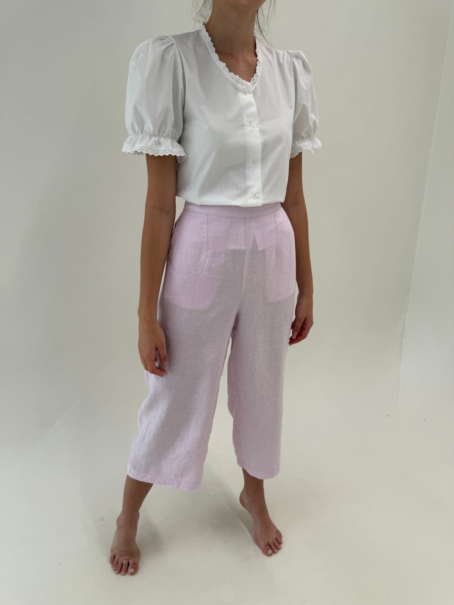 Pantaloni petite din in în croi palazzo light lavender cu talie elastică ultra înaltă