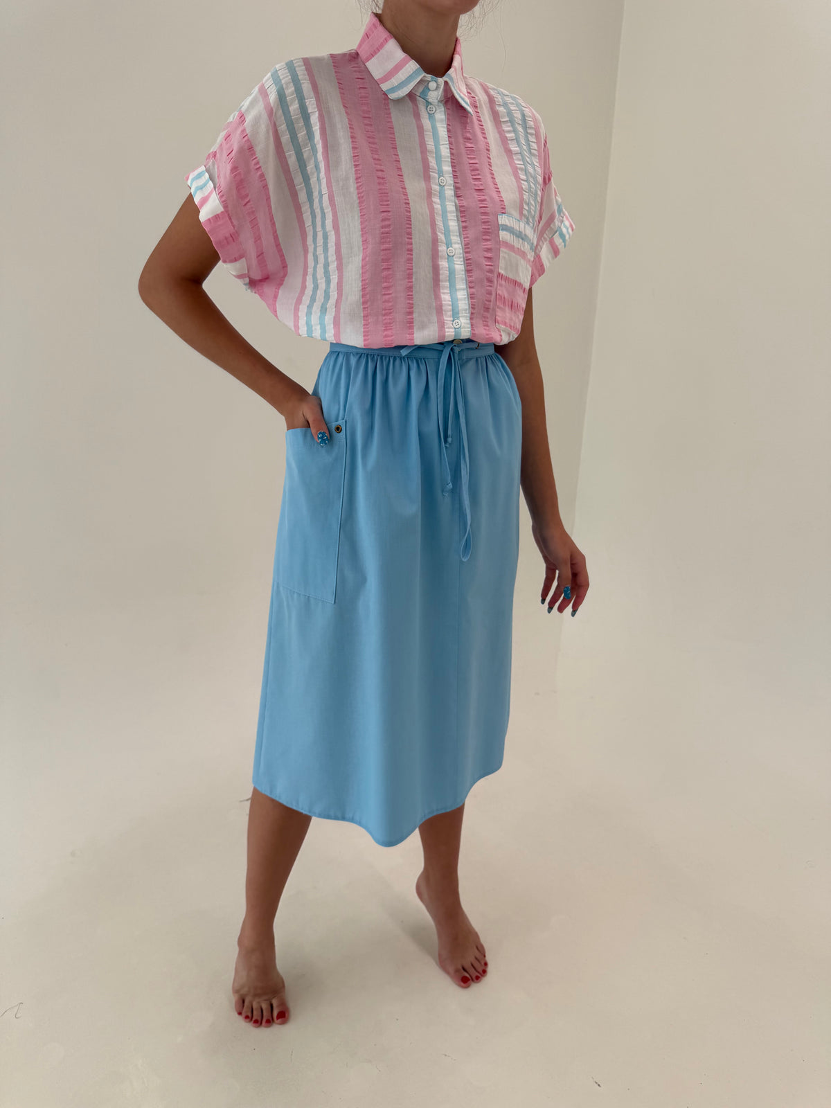Fustă baby blue din canvas de bumbac cu influențe casual
