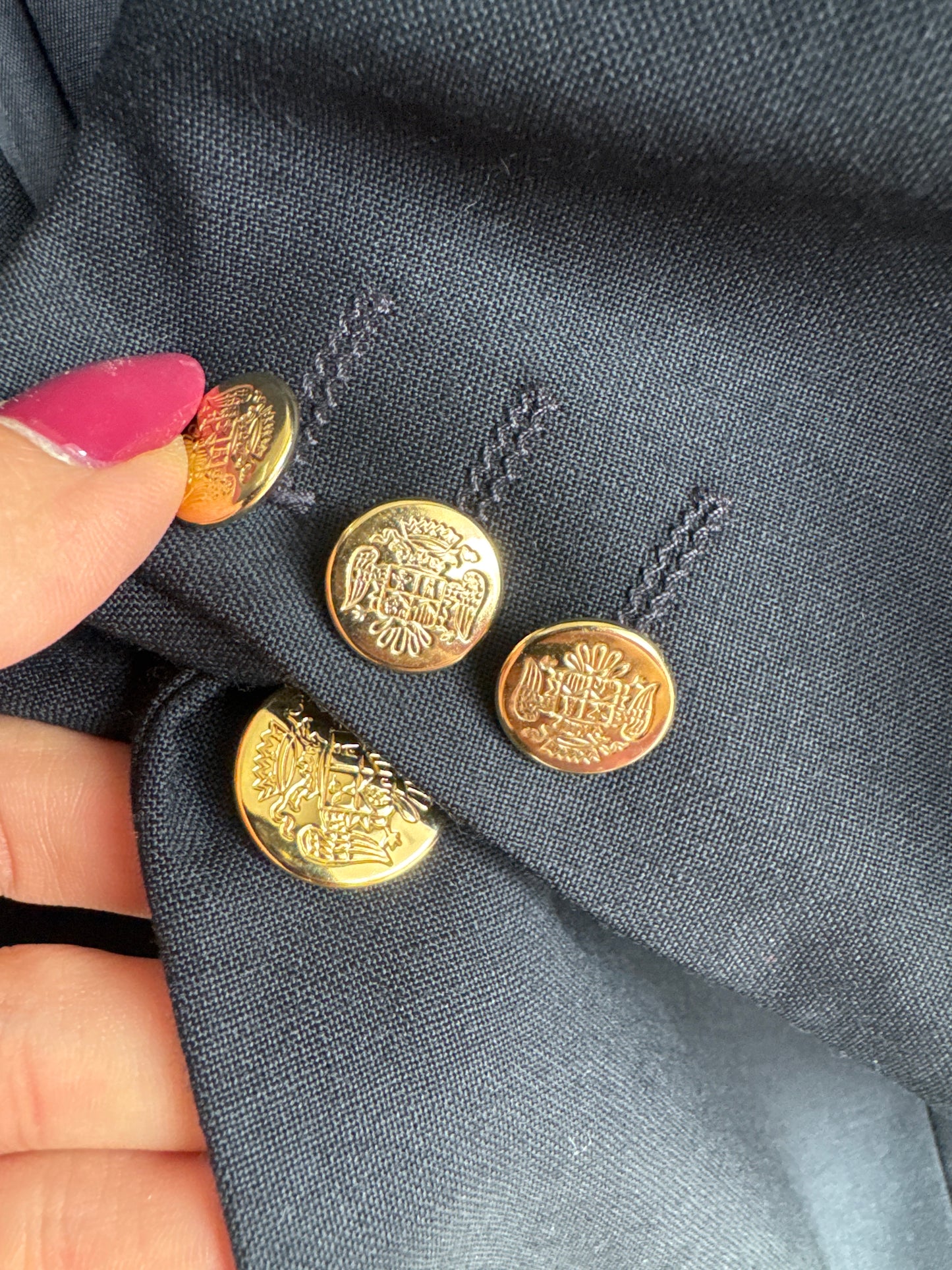 Sacou italian Navy cu nasturi metalici aurii din stofă worsted de lana pura