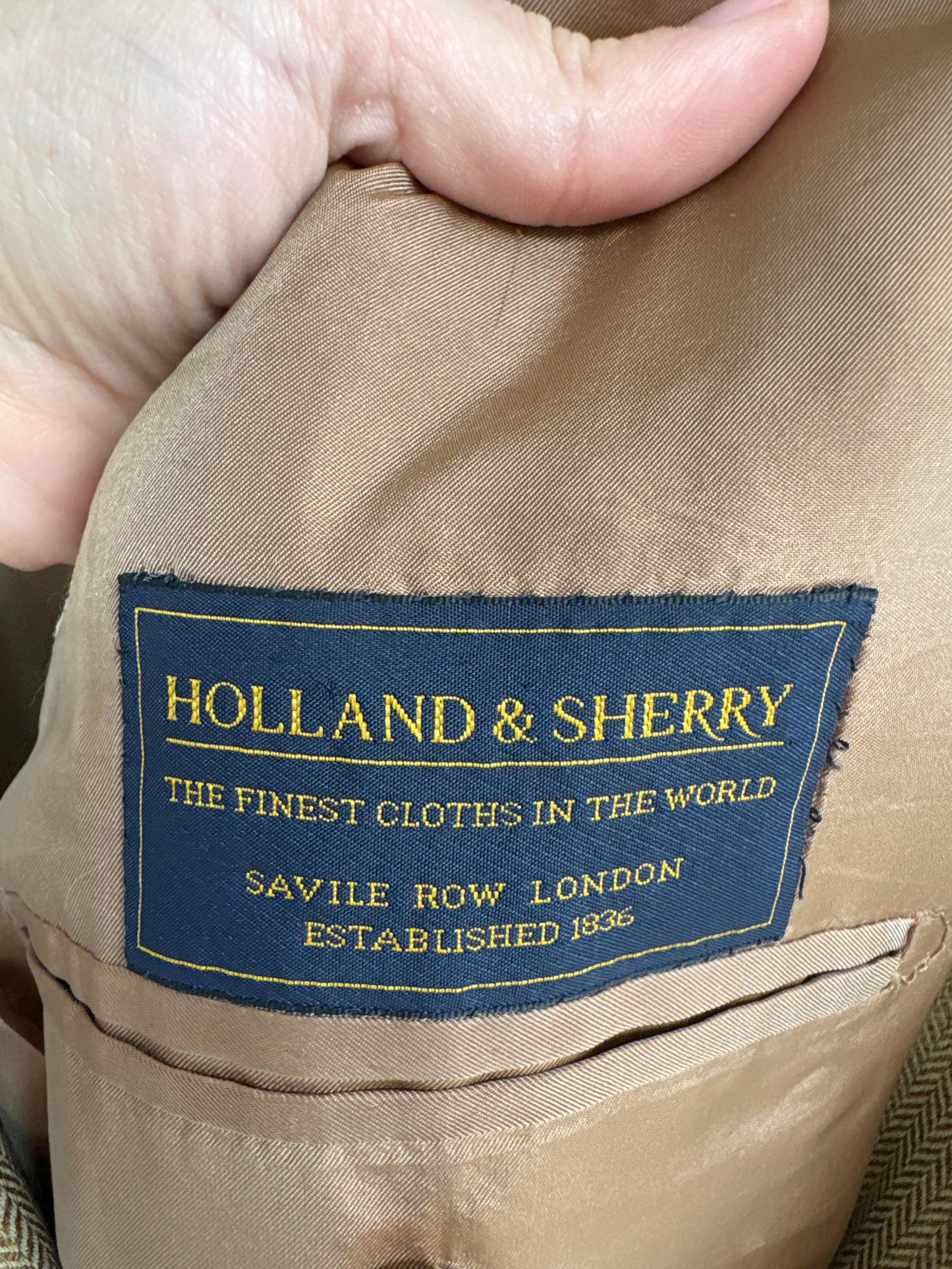 Sacou italian couture camel din stofă de lana și cașmir herringbone