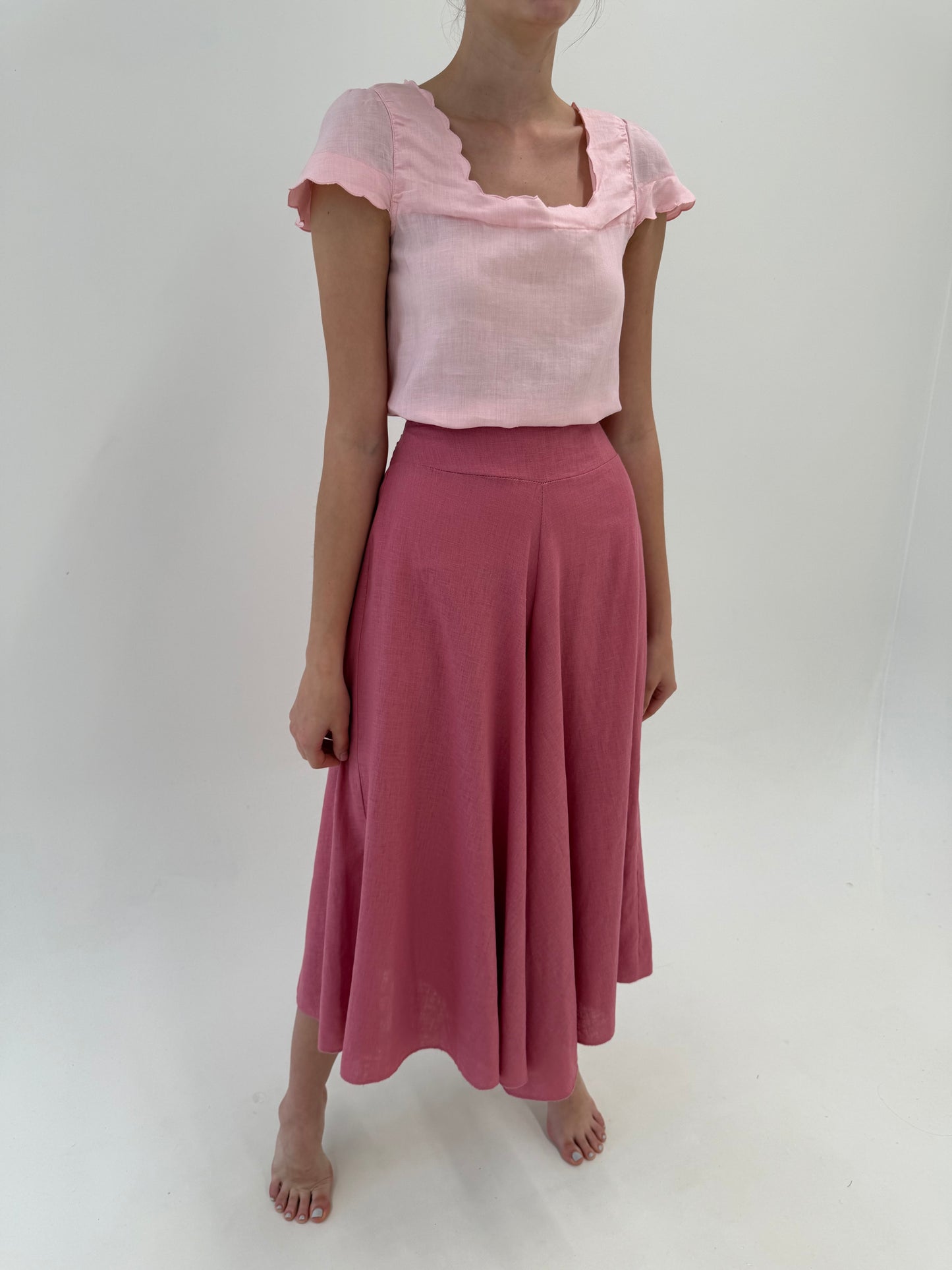 Pantaloni palazzo cu talie elastică din pânză cu în dark rose pink