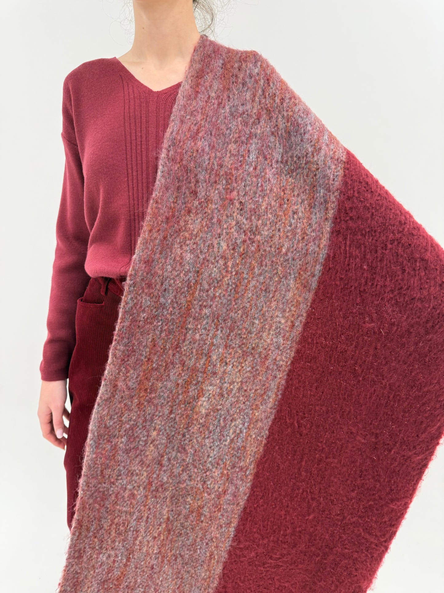 Fular XXXL din baby mohair extrem de fin burgundy și melanj cu baby blue