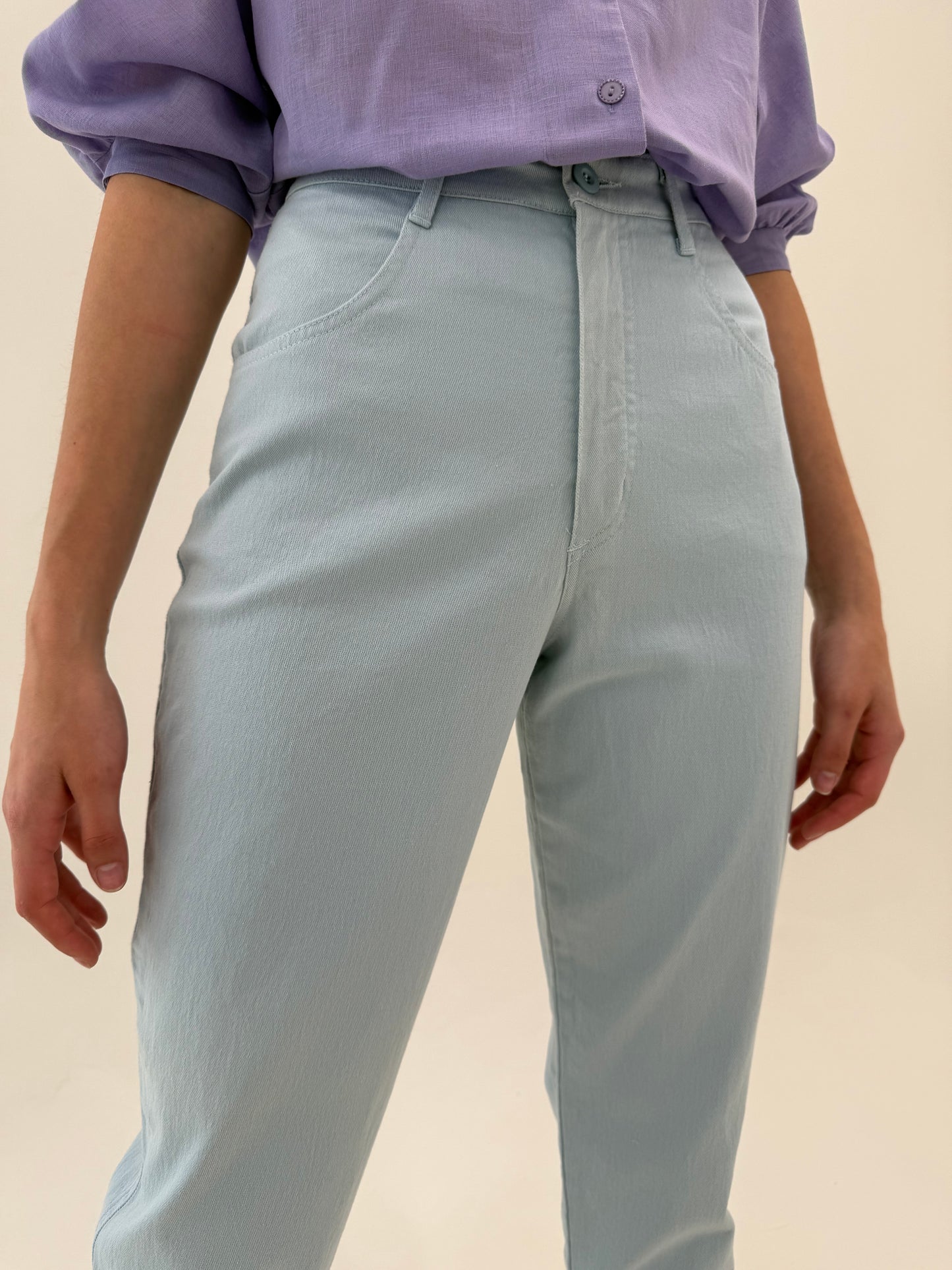 Pantaloni baby blue din bumbac ultra confort modelator cu talie ultra înaltă