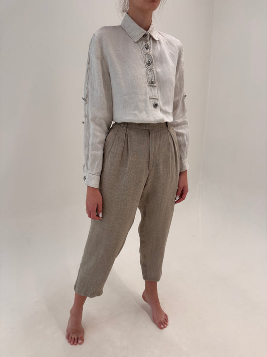 Pantaloni vintage camel din pânză grea de in cu pense și talie ultra înaltă