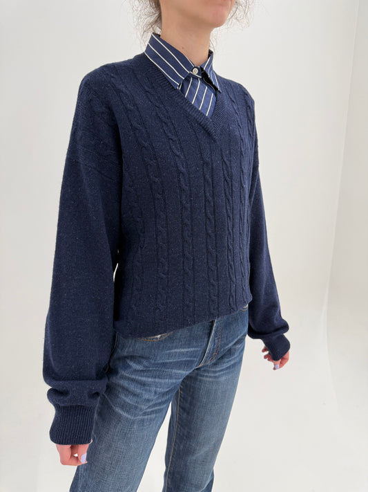 Pulover Valentino cu torsade și anchior în croi lejer 80% lana plină