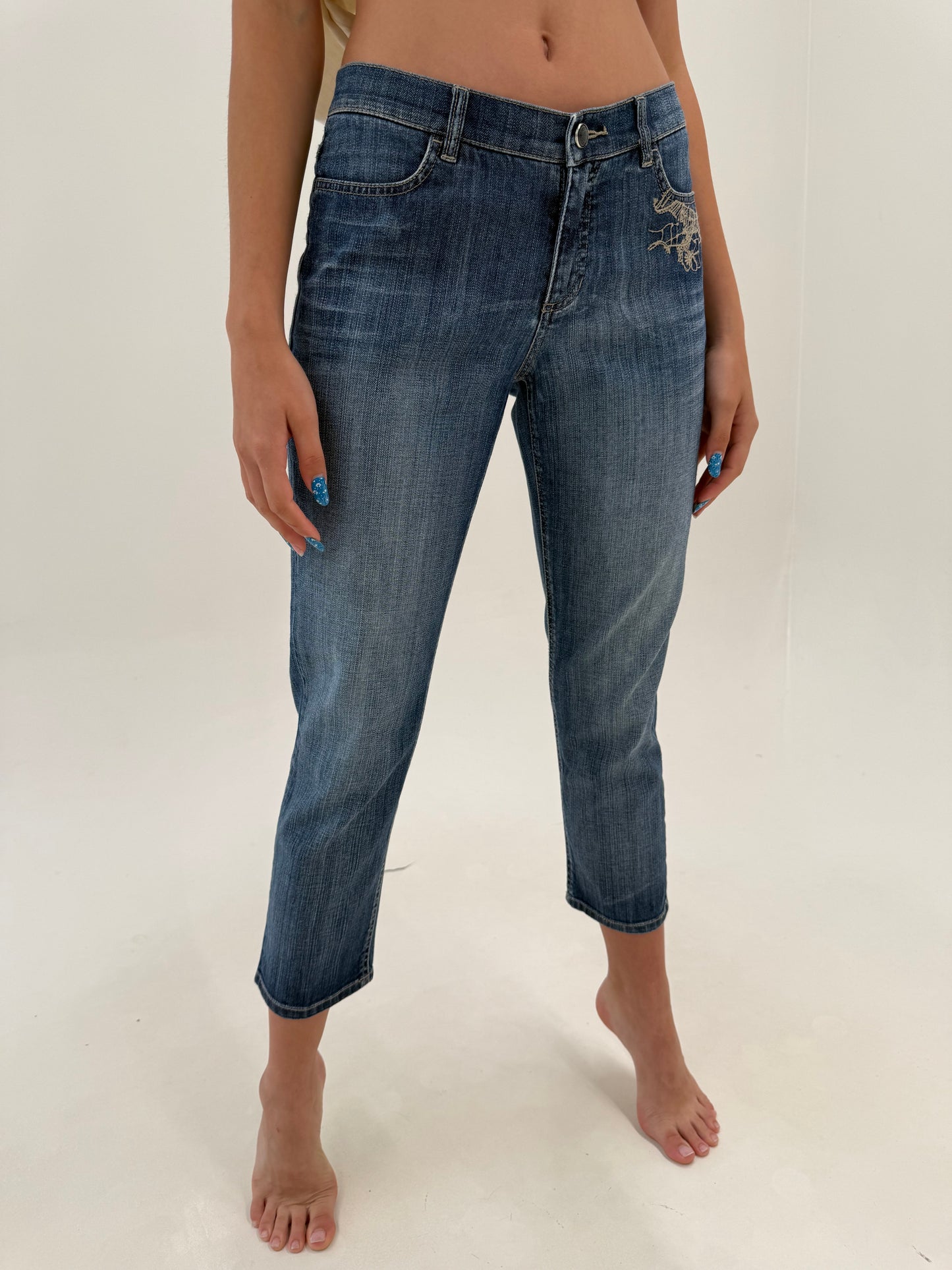 Jeans petite Escada de vară cu broderie sand nude ultra confort