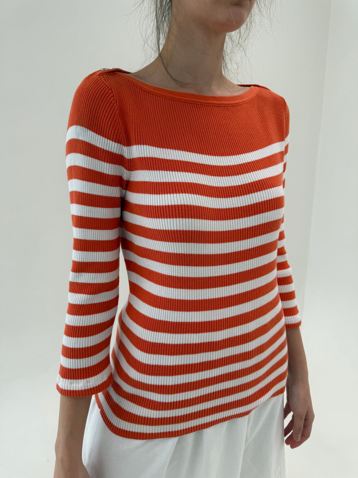 Soft knit Ralph Lauren din bumbac cu dungi și decolteu bărcuță