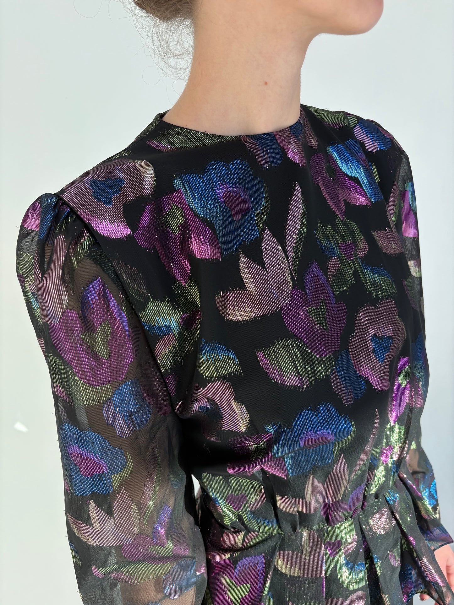 Rochie maxi old vintage de seară anii 80 cu peplum din jacquard lamé