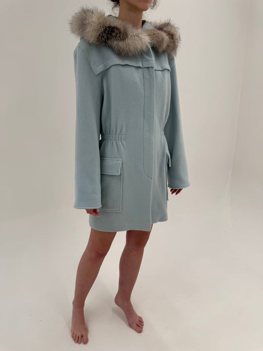 Parka vintage baby blue cu blană de vulpe argintie din lana excepțională