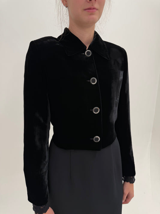 Sacou vintage italian din catifea neagră excepțională în croi ușor cropped