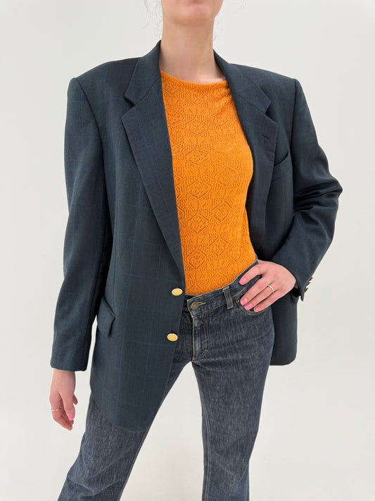 Sacou Valentino în croi actual cu nasturi aurii metalici și carouri fine albastru regal