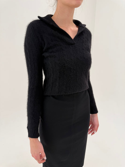 Pulover din cașmir high end multiply negru cu guleraș și torsade