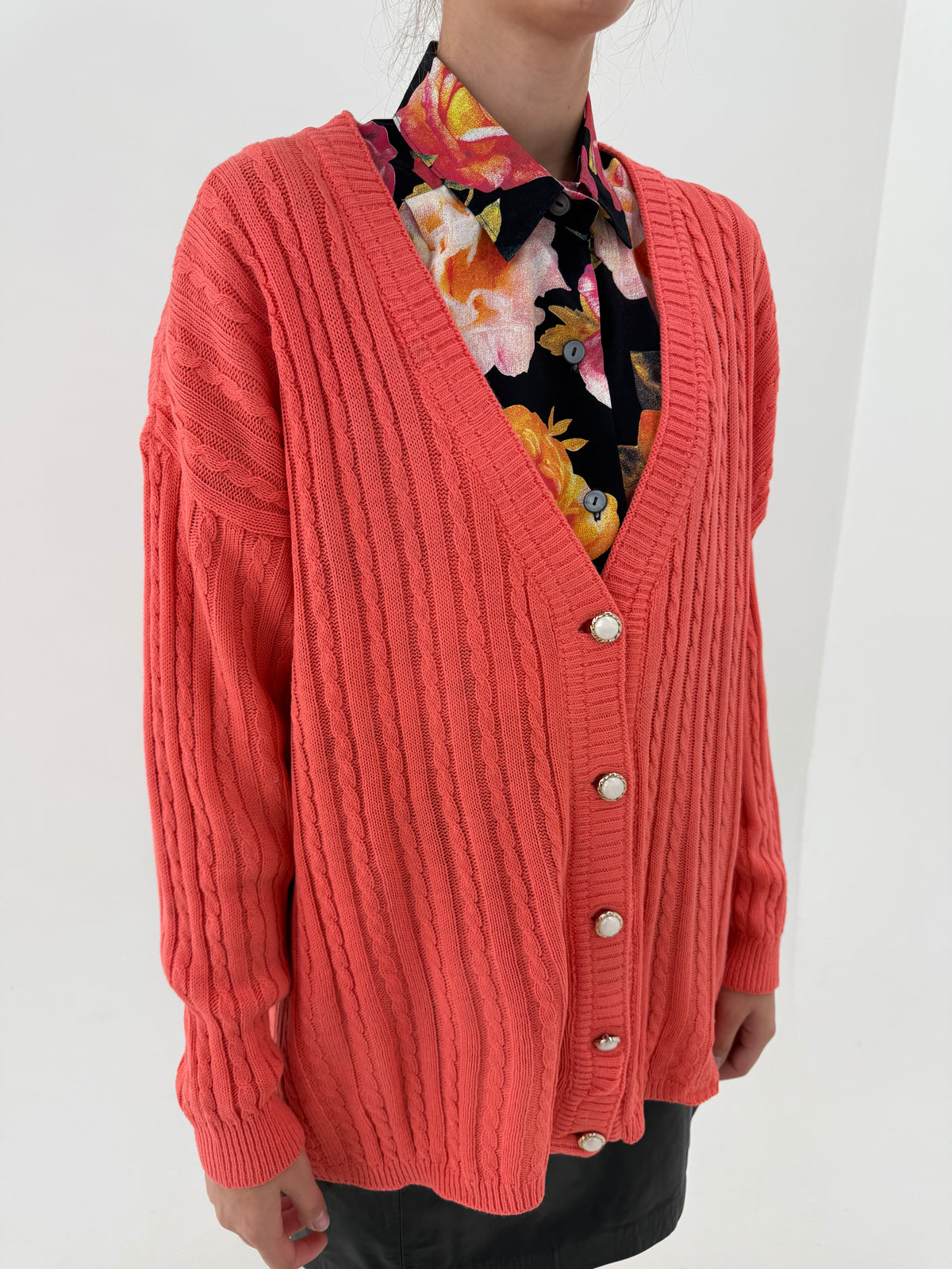 Cardigan vintage salmon orange din mix de lana extrafina în croi lejer