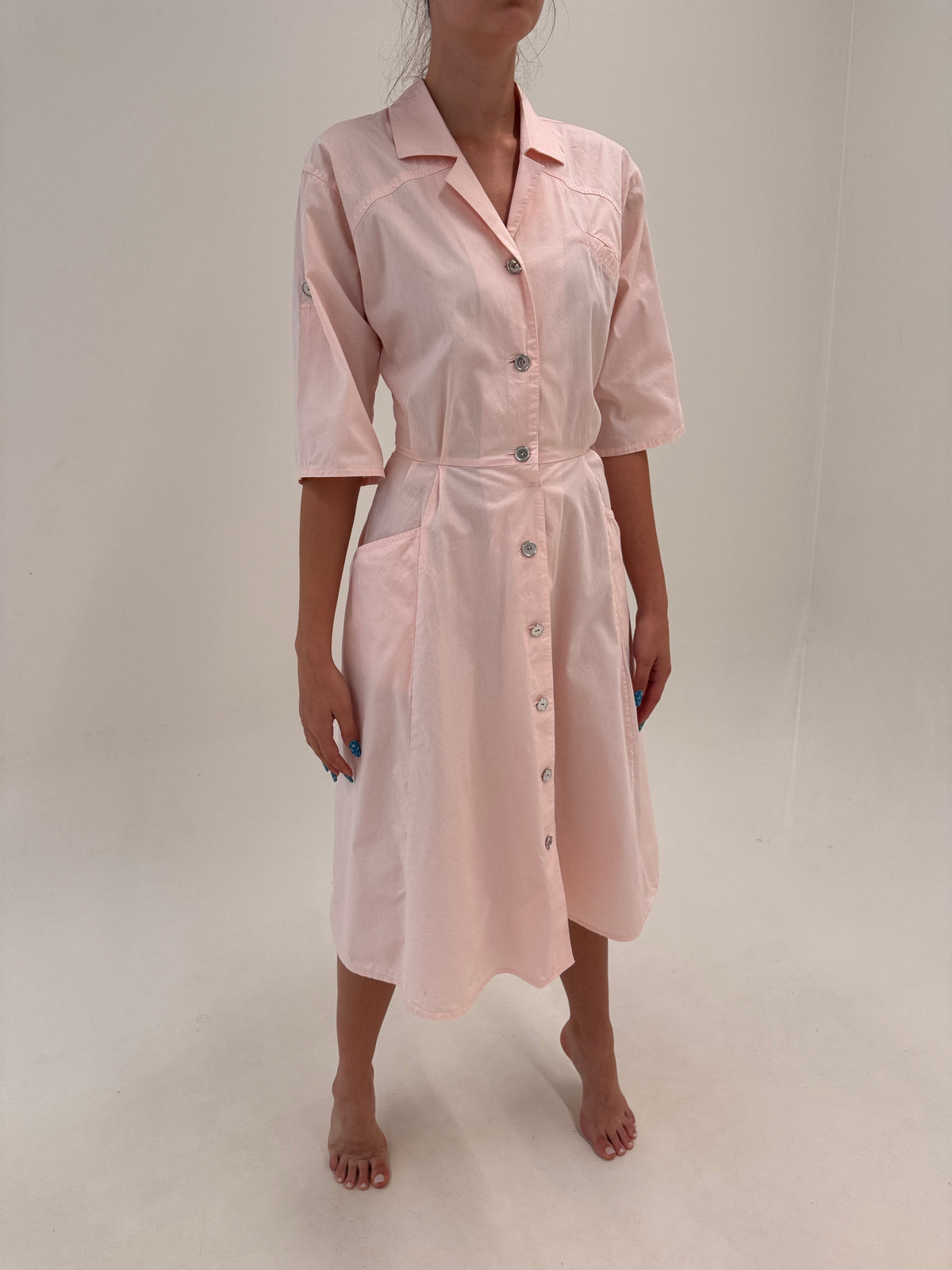 Rochie vintage powder Pink in croi retro modern de ani 50 din poplin premium de bumbac