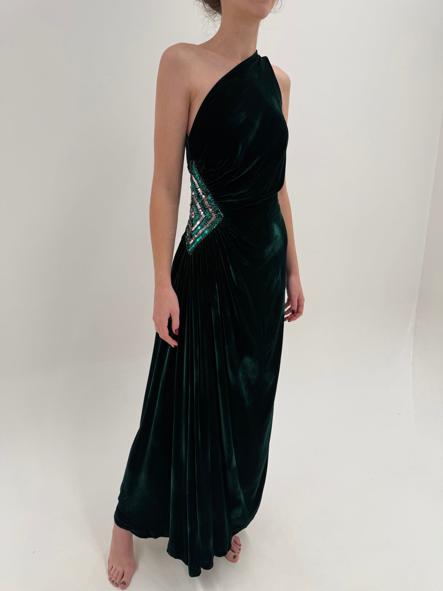 Rochie Old vintage couture de designer sfârșit de ani 70 din catifea de mătase naturală