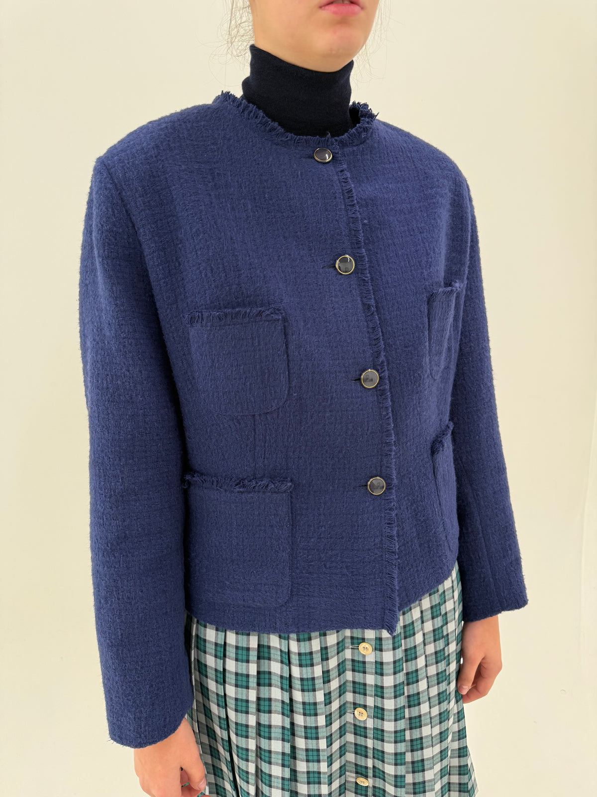 Sacou italian in stil Chanel din tweed de lana extrafina Navy blue