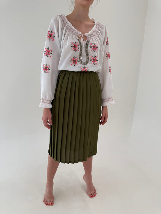 Fustă vintage kaki plisată cu talie ultra înaltă elastică