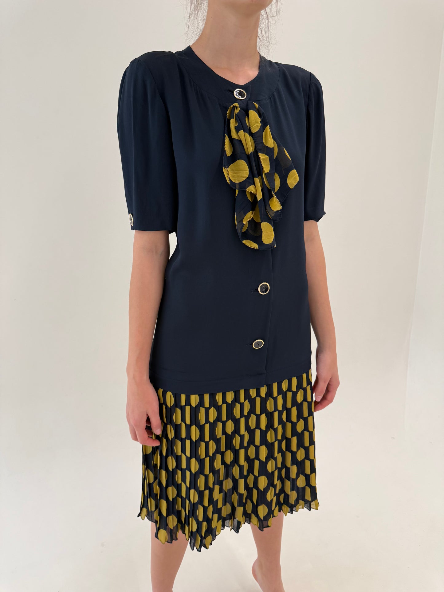 Rochie vintage italiana în stil Valentino cu buline din mix de mătase naturală