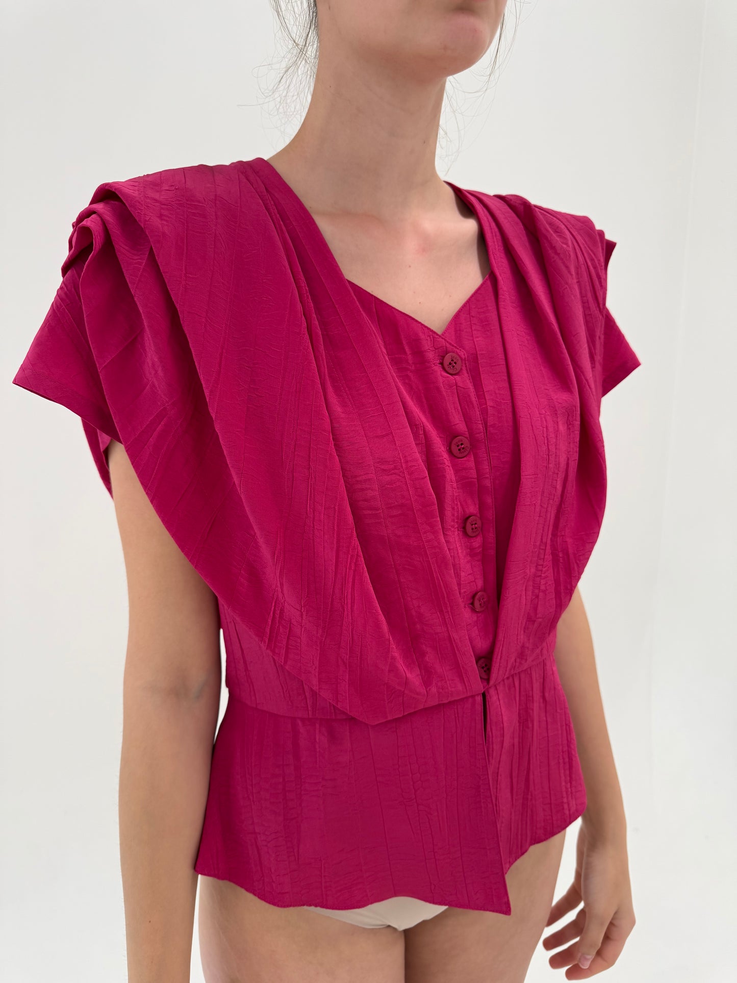 Set vintage în croi elaborat fucsia cu talie ultra marcată și fustă în petale