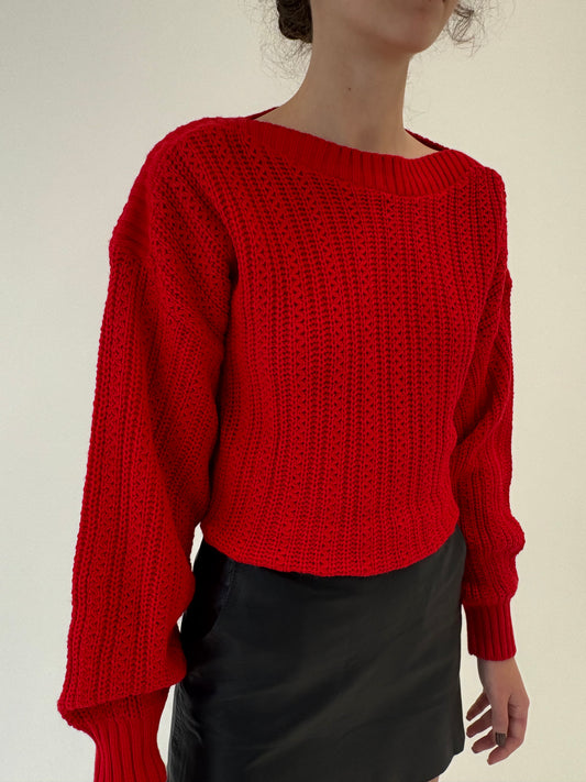 Pulover vintage cherry red cu mânecă fluture din lana extrafina de gramaj mare