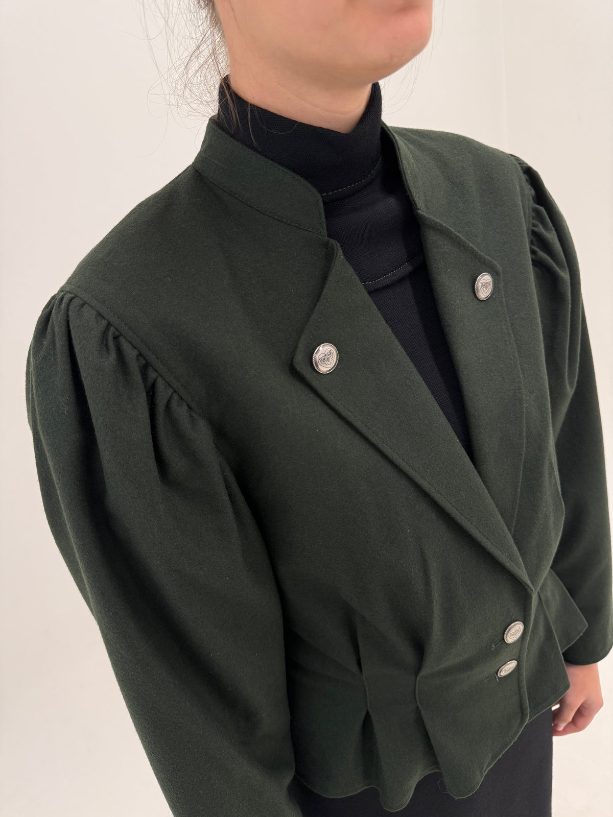 Sacou vintage ultra cambrat dark green din lana extrafina cu umeri bufanți