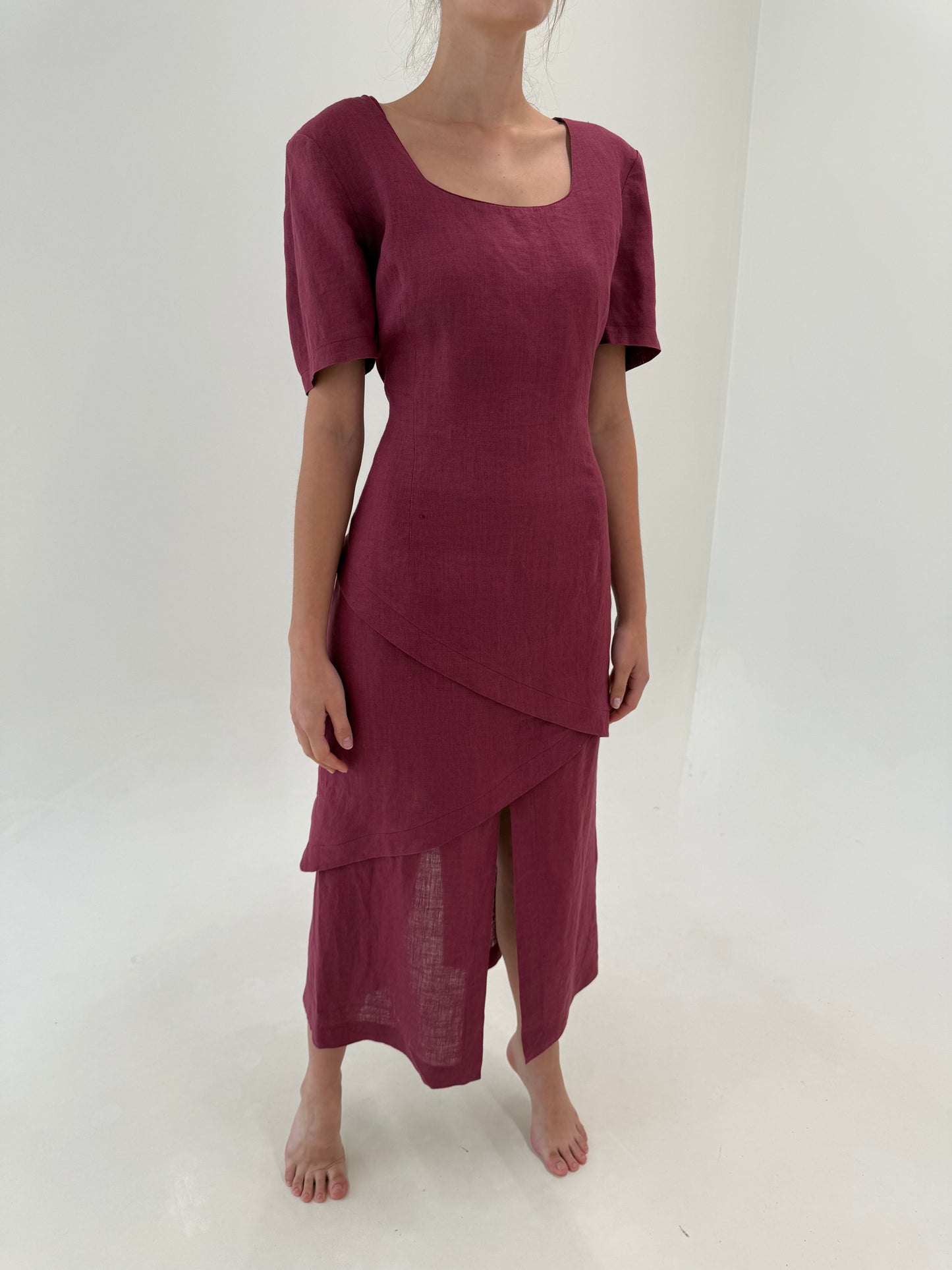 Rochie vintage maxi din in burgundy în croi chic minimalist