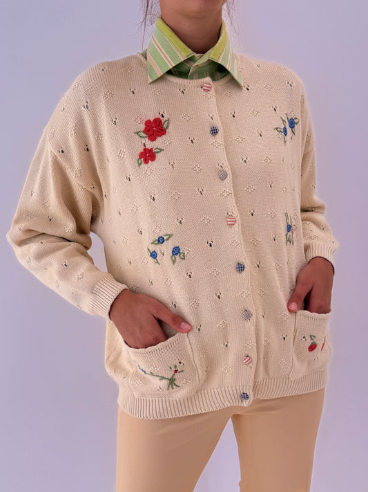 Cardigan vintage petite camel cu broderie manuală colorată din bumbac excepțional