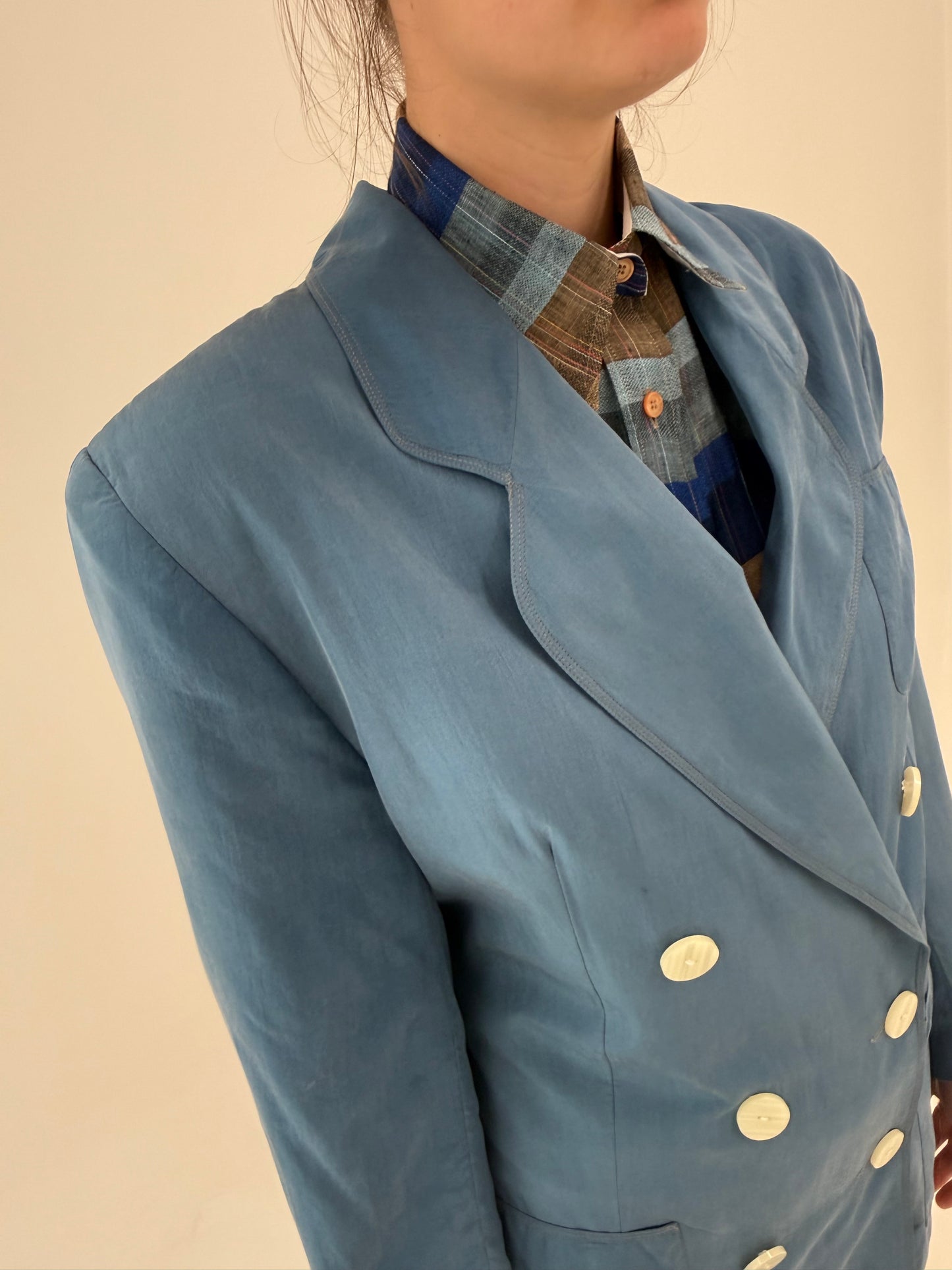 Sacou tall din mătase naturală jeans Blue cu închidere dublă