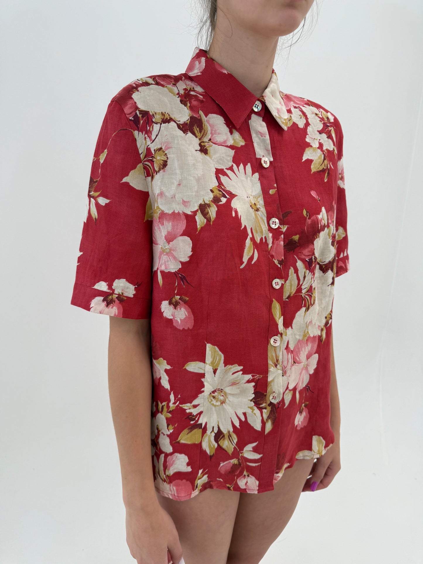Cămașa de brand super premium cu print florid superb whine red din in excepțional