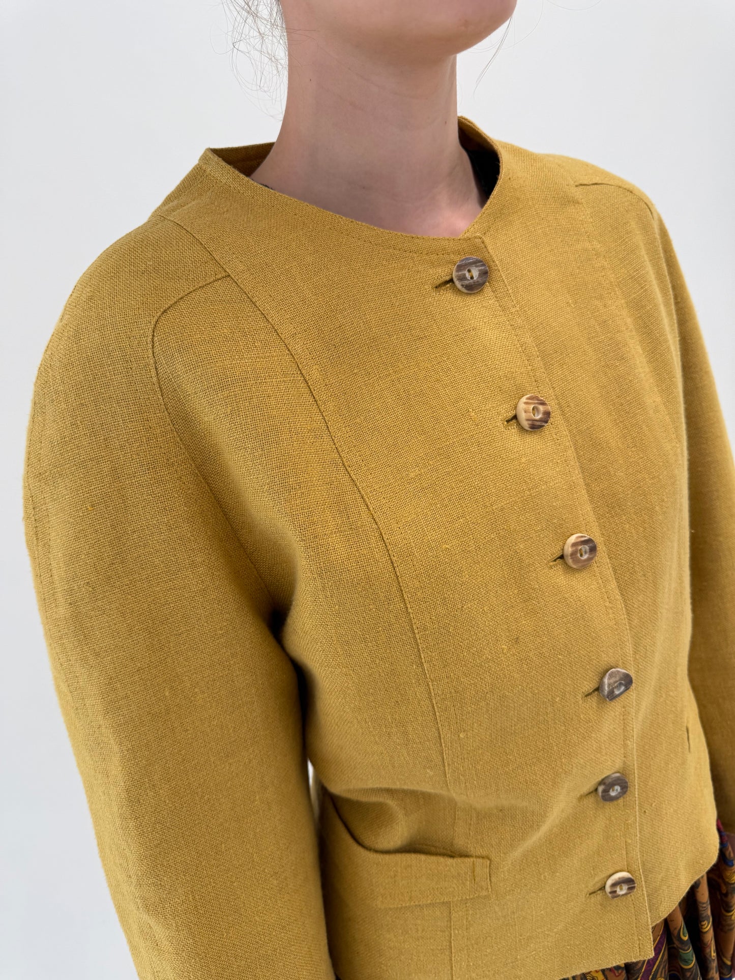 Sacou vintage din pânză de in în croi retro modern mustard yellow