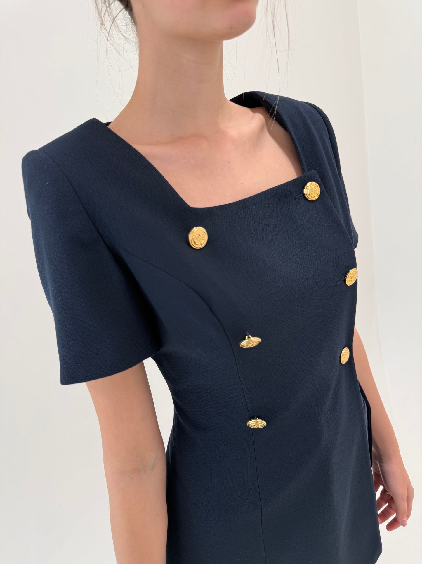 Sacou ultra chic și cambrat Navy cu nasturi metalici aurii