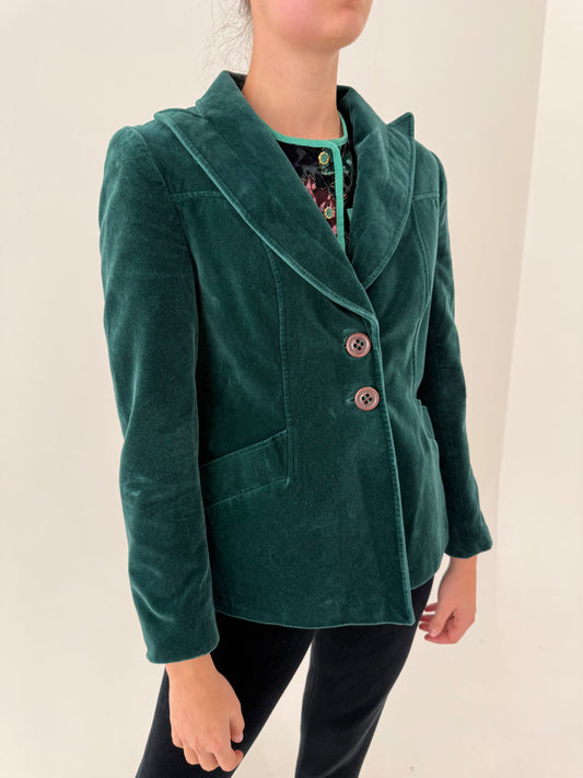 Sacou old vintage anii 70 din catifea emerald green cu revere late ușor cambrat