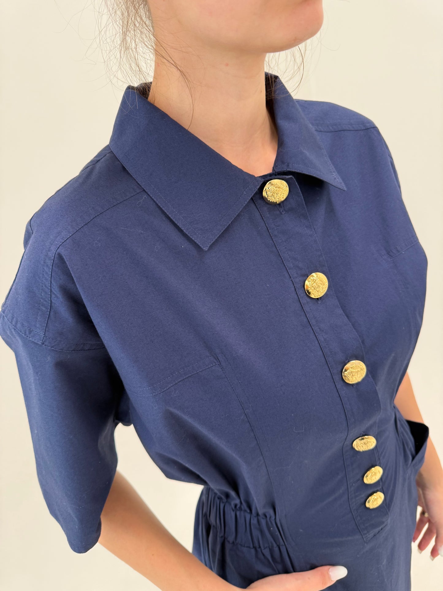 Rochie vintage excepțională italiană din canvas de bumbac cu nasturi aurii