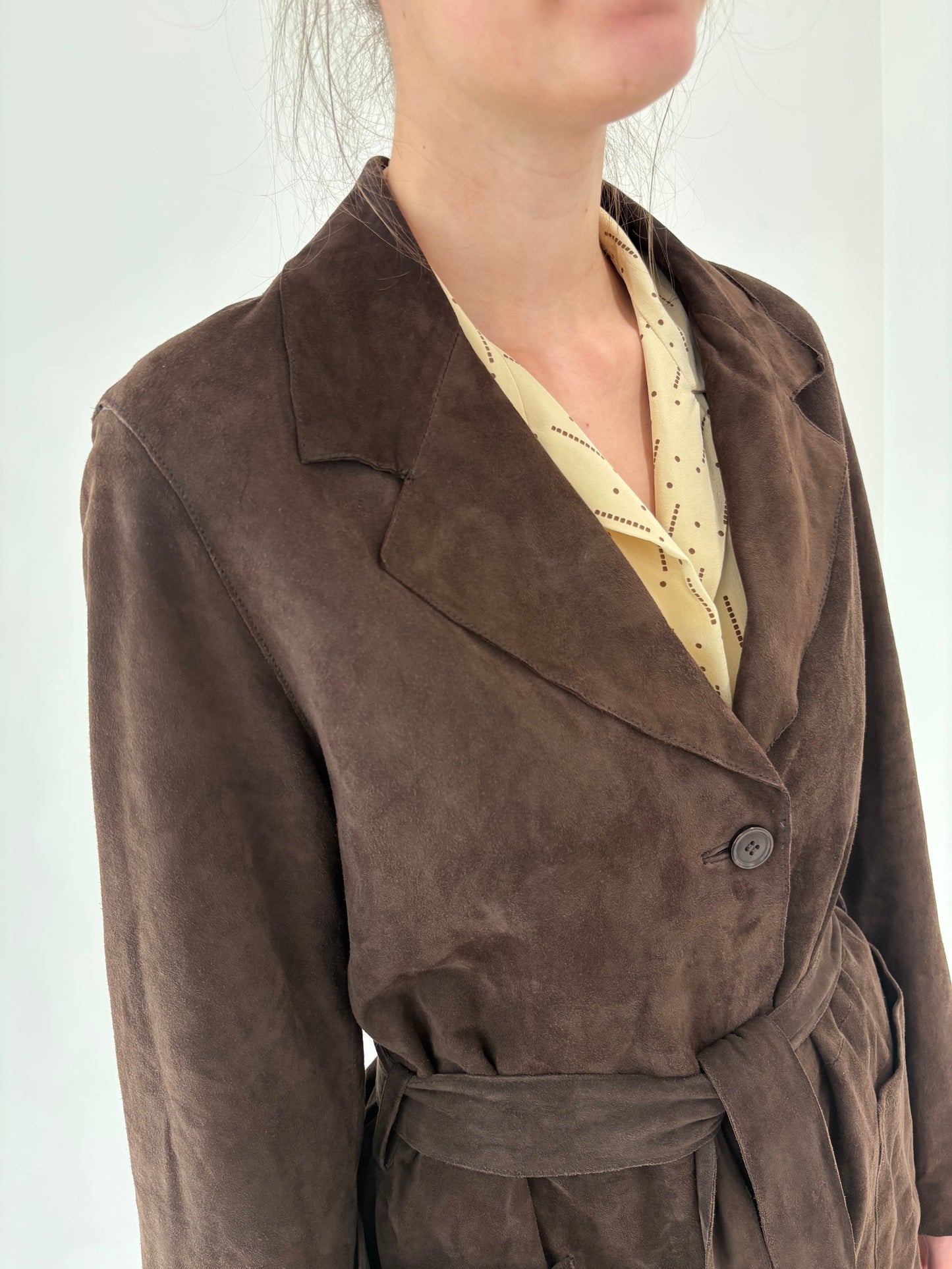 Trench chocolate brown tall din cel mai fin suede subțire cu talie reglabilă