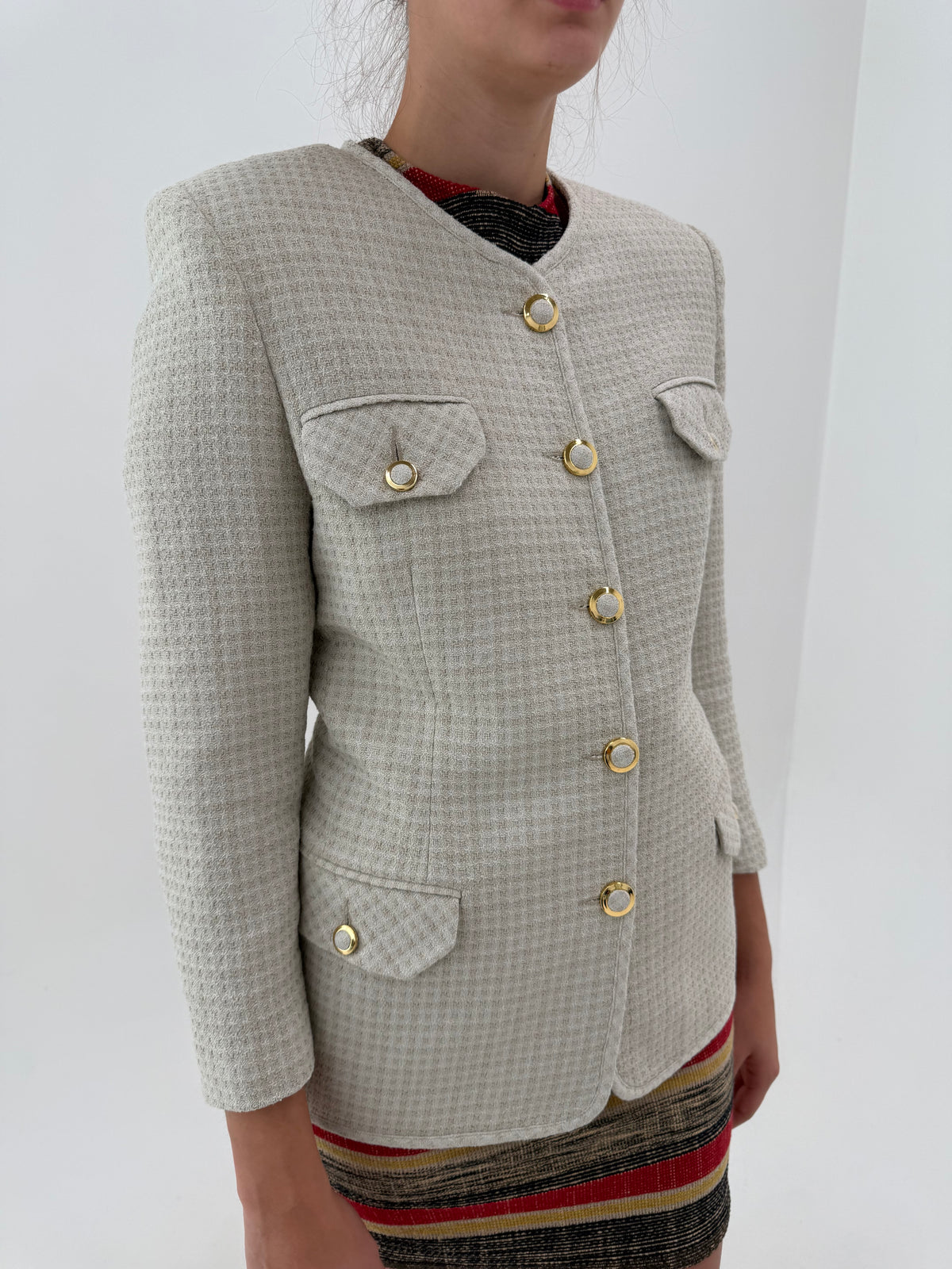 Sacou vintage italian în stil Chanel petite light nude din tweed excepțional de lana