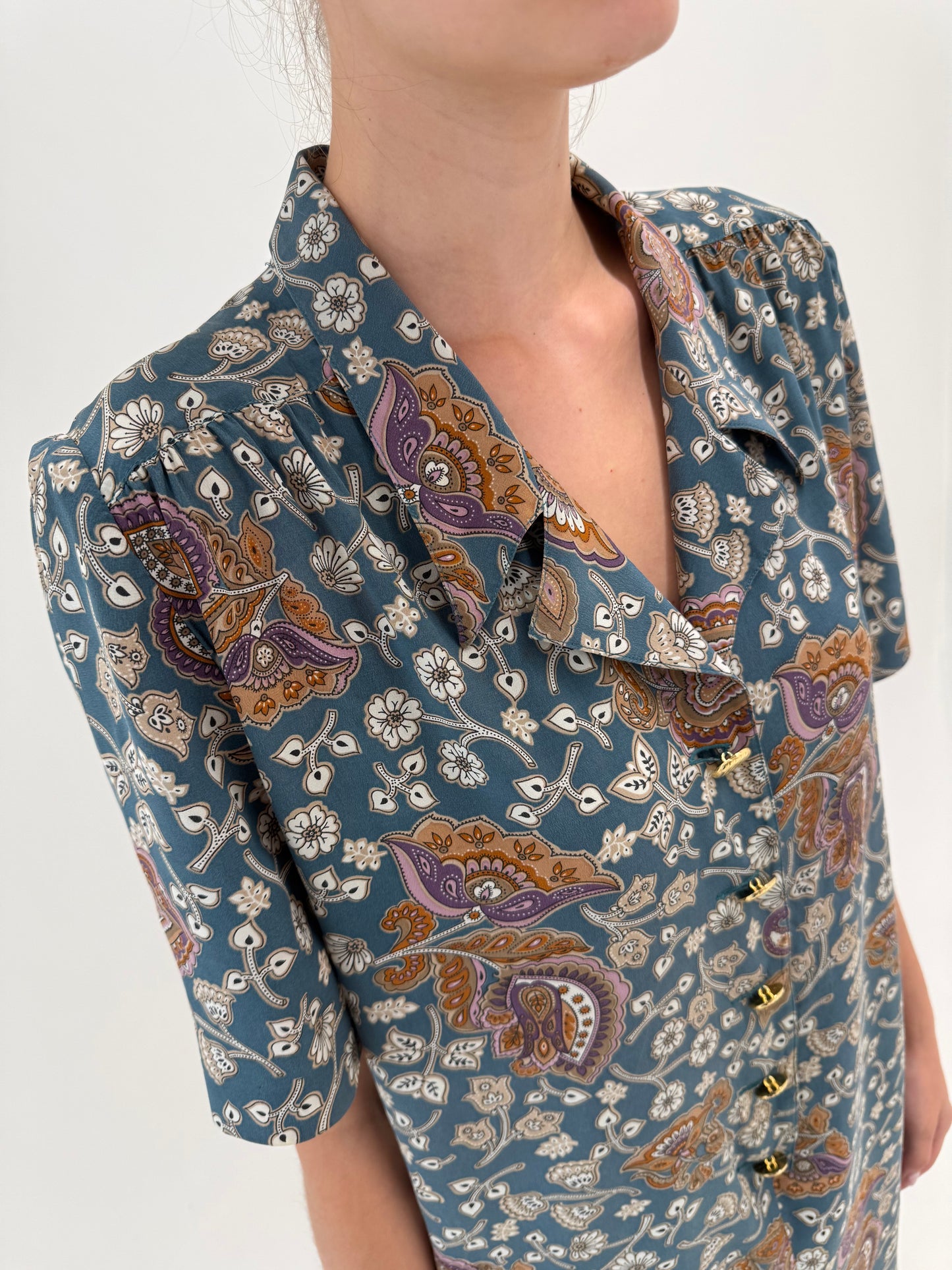 Rochie luxury Luisa Spagnoli din mătase naturală dusty blue cu print paisley