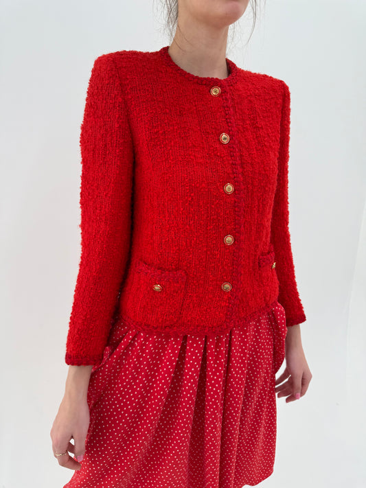 Sacou vintage în stil Chanel cherry red din boucle exceptional căptușit cu mătase naturală