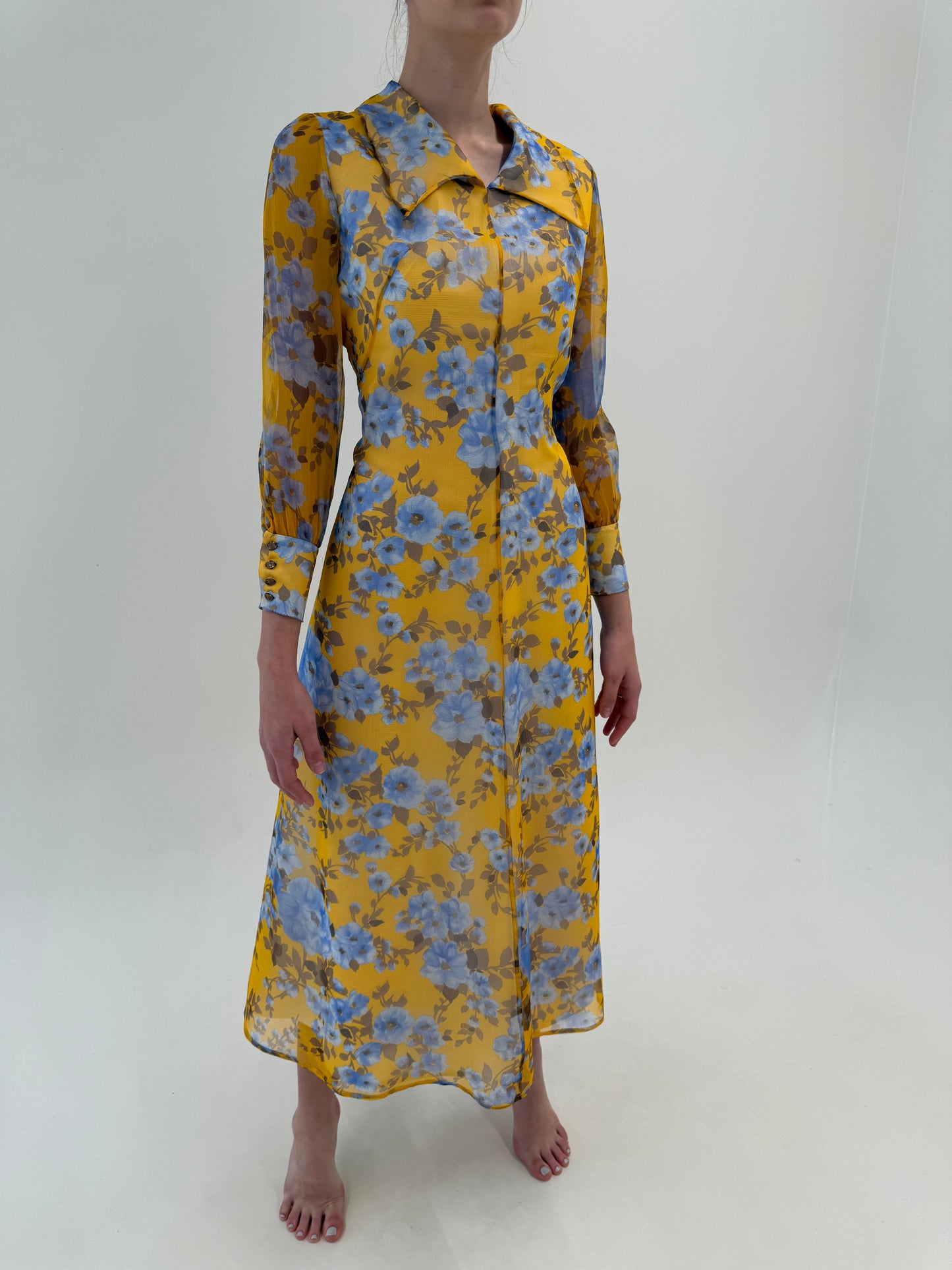 Rochie maxi vintage din chiffon de mătase naturală cu print superb floral baby blue