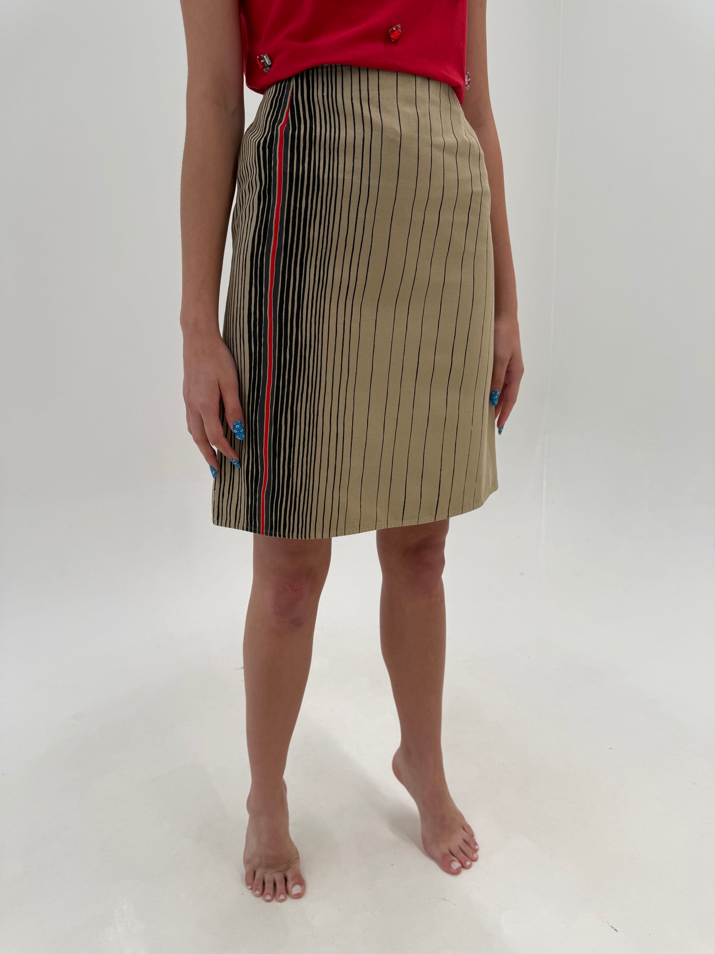 Fustă camel Max Mara din canvas de bumbac cu print în dungi extrem de chic