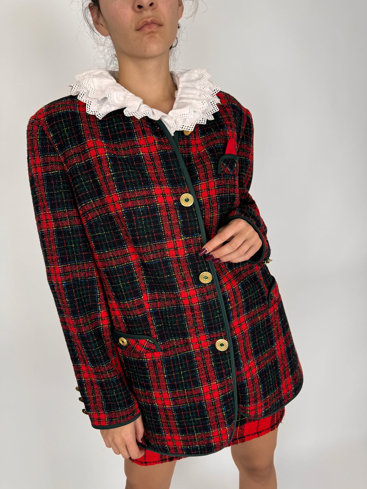 Sacou în stil Chanel din Tartan de lana în culori clasice plus size