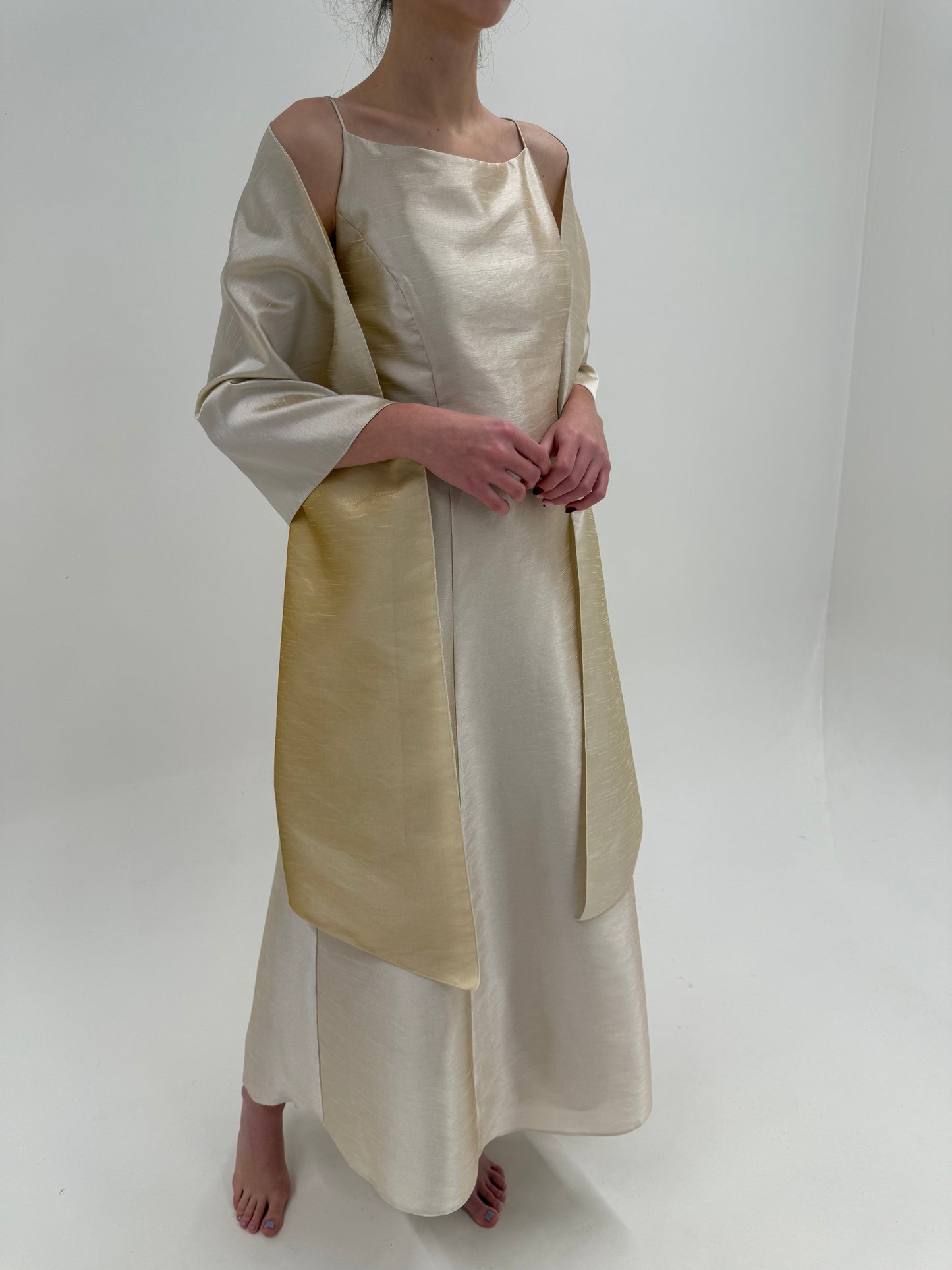 Rochie vintage maxi perlata din shantung cu stole inclus asortat