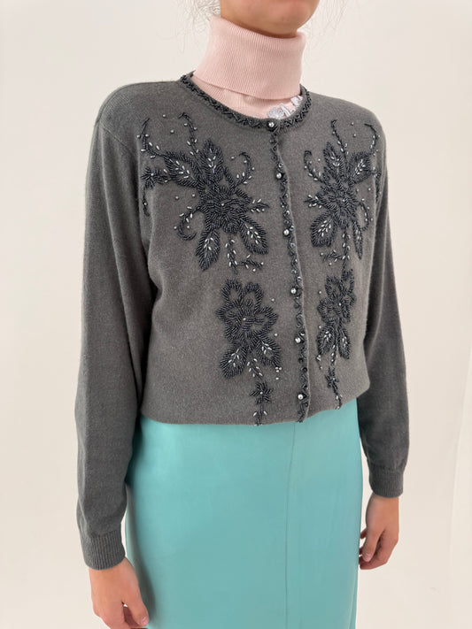Jacheta / cardigan bijuterie vintage din lana și Angora cu aplicații manuale