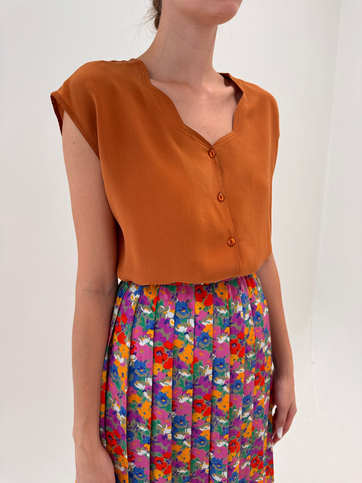 Top vintage italian caramel brown din mătase naturală în croi lejer