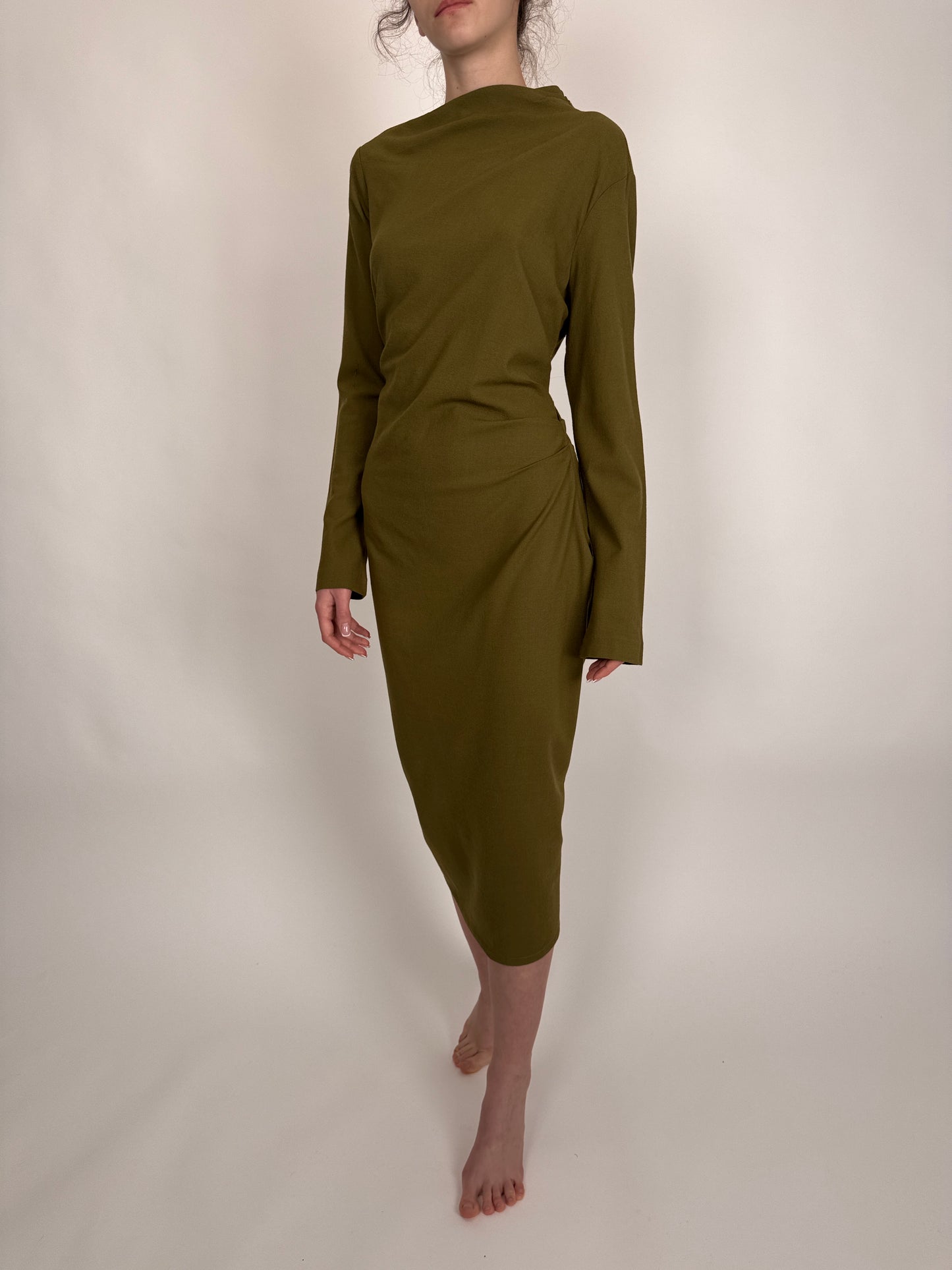 Rochie kaki din lanita extrafina strech cu fronseu