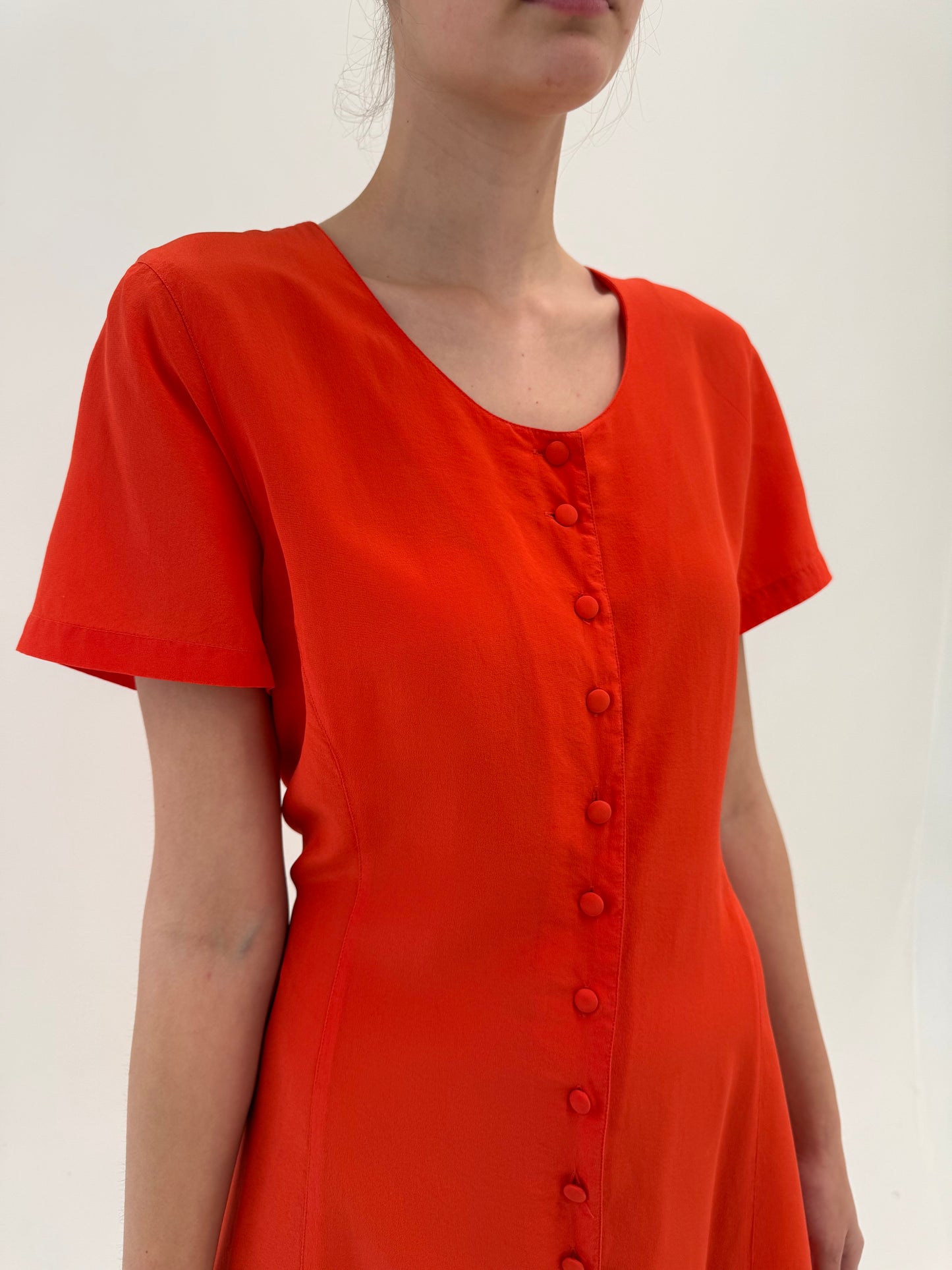 Rochie vintage din mătase naturală electric coral red în croi ușor cambrat