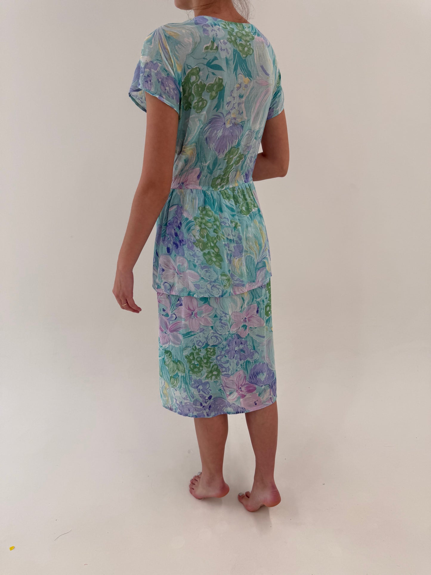 Richie vintage din mouselline cu print floral superb în culori pudrate