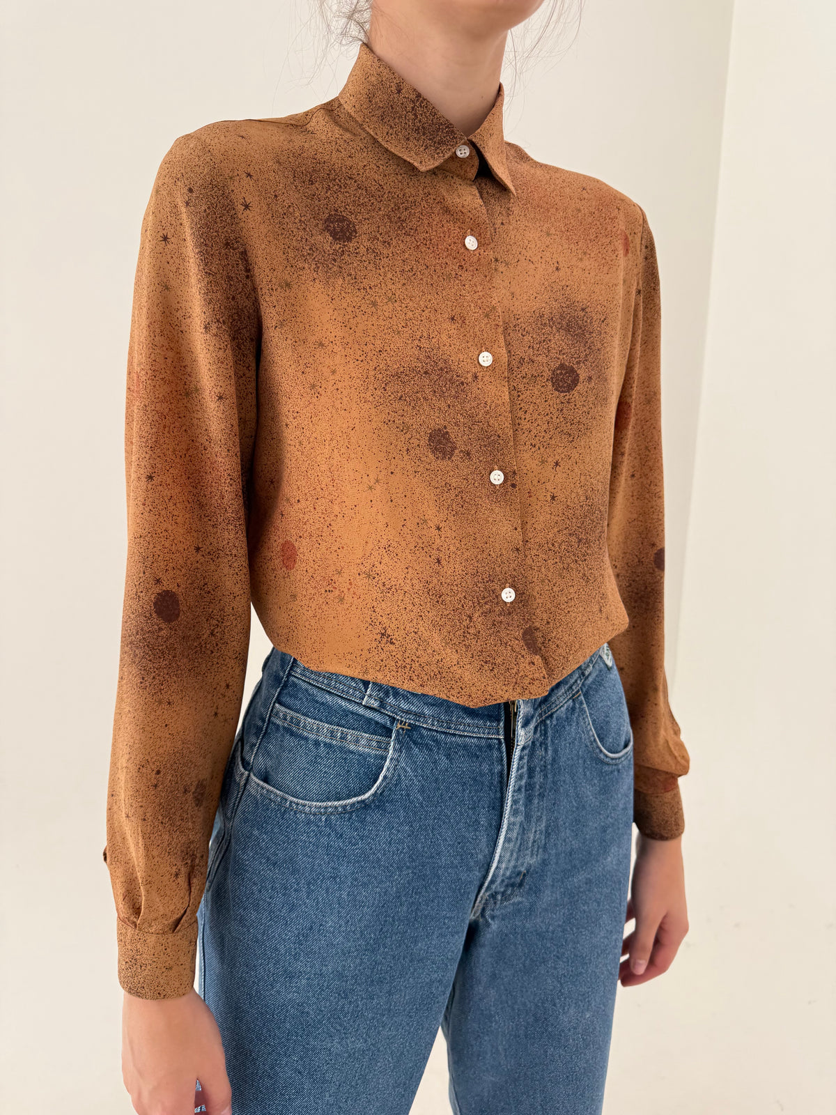 Cămașa vintage caramel brown din mătase naturală